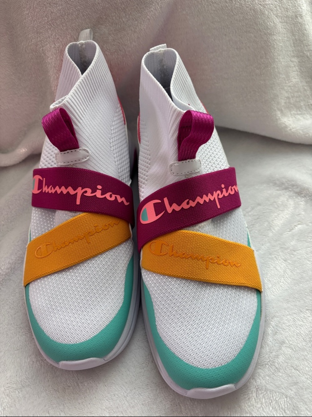 Champion White Sneakers with Pink, Yellow & Teal Accents